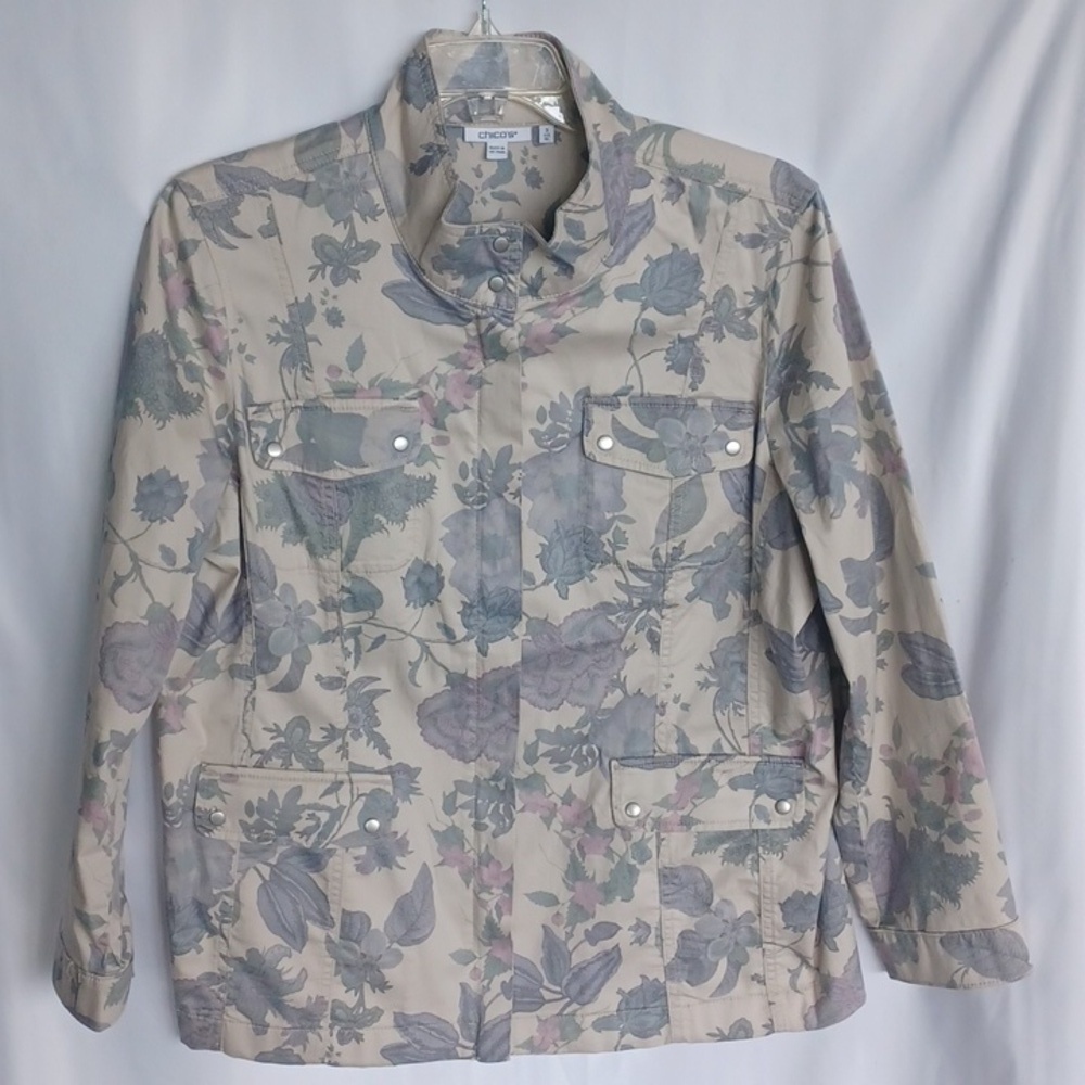 CHICO’S Twill Utility Jacket, Smokey Taupe Floral Print, SZ 3(XL), 24" PTP, 28"L